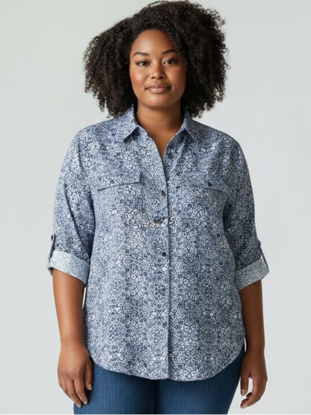 Notations Button down rolled sleeve blouse Navy & white print Size L